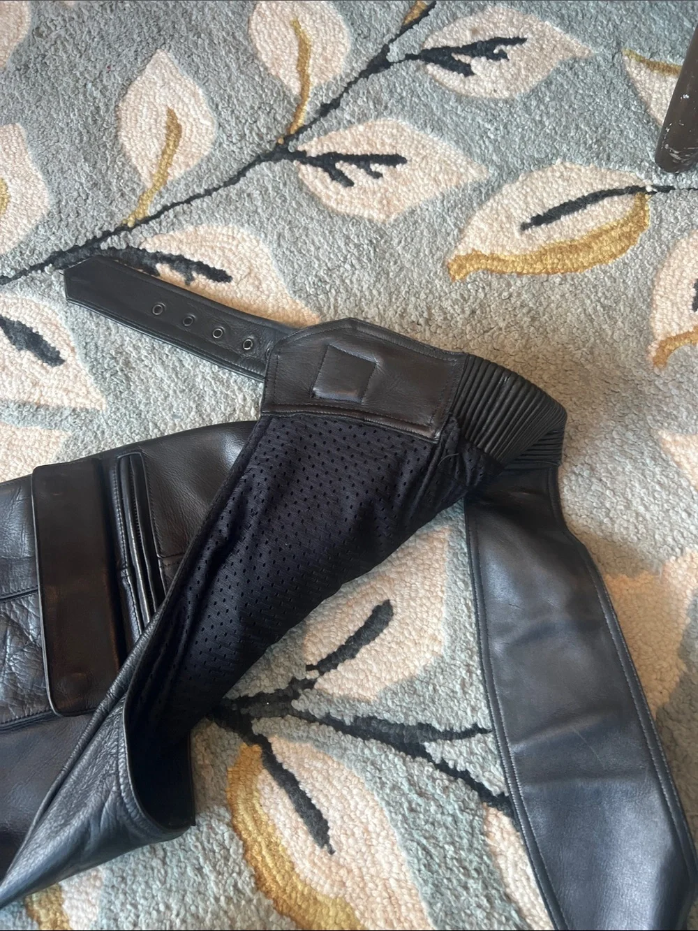 Black Leather Cargo Pants with Ribbed Waist and Belt Detail